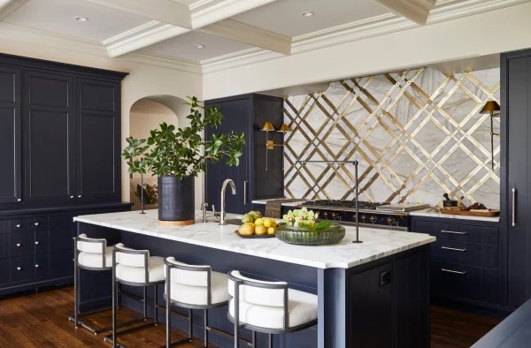 kitchen dark blue with gold and white features