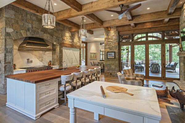 kitchen island with brick wall