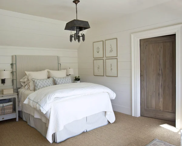 queen bed dark door white walls New Manor Residence